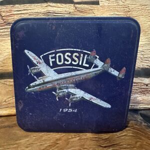 Vintage Fossil 1954 Airplane Watch Tin Box Blue Propeller Plane Advertising 2000